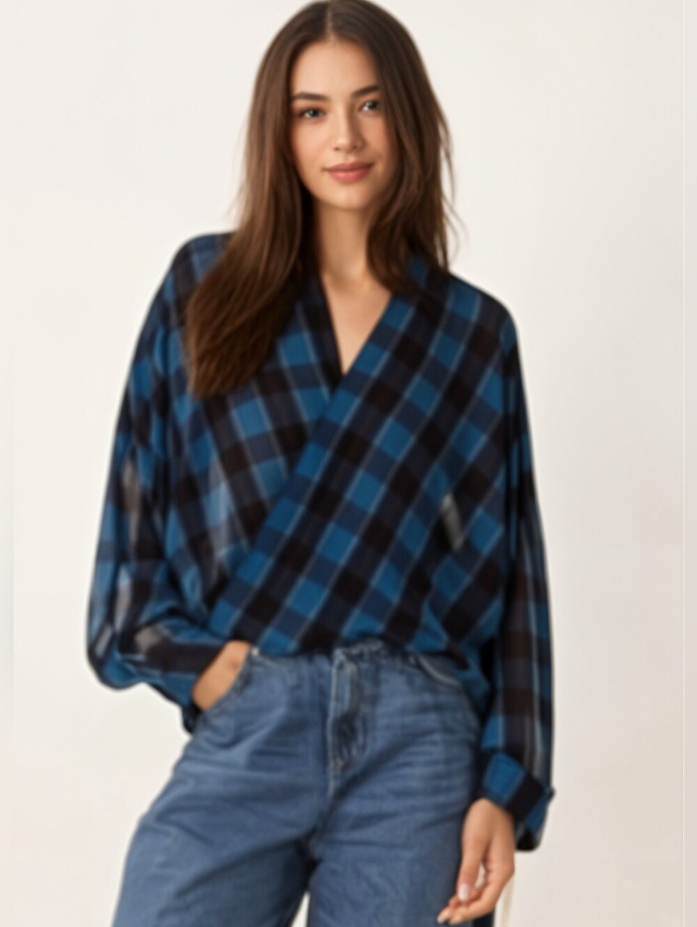 Zara Navy Plaid Wrap Front Blouse